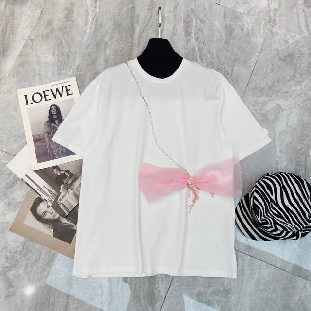 新款小众 斜肩链条粉色蕾丝蝴蝶结装饰设计短袖t恤上衣sml